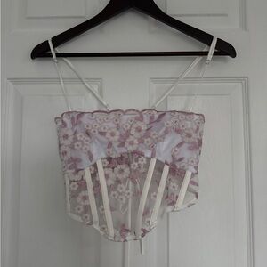Lucy in the Sky Floral Lace Corset Crop Top in White and Soft Pink